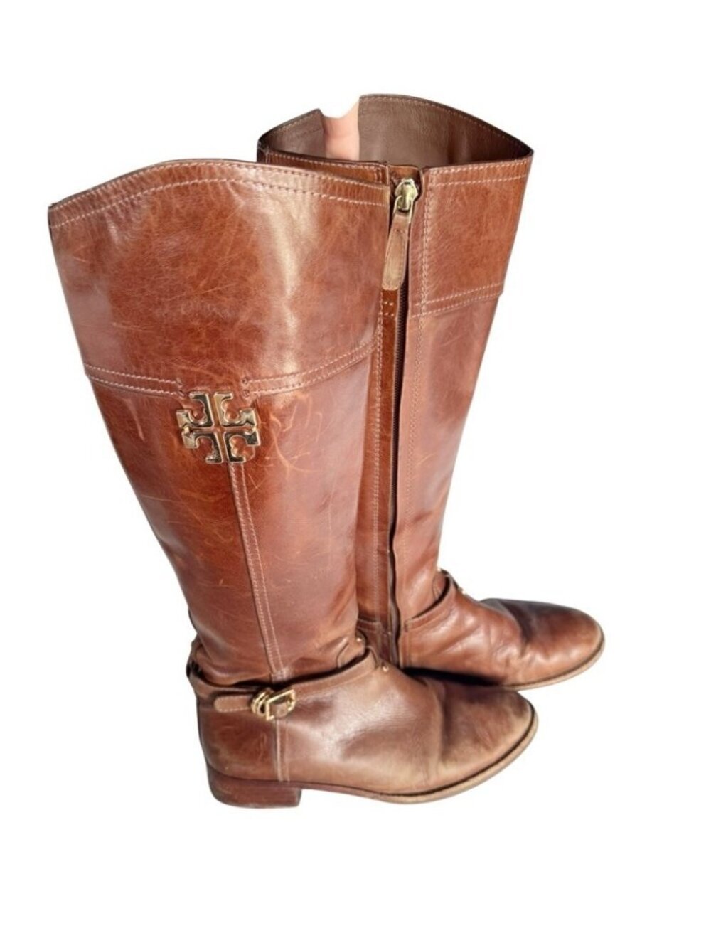 Tory Burch Women's Sz 7.5 Eloise Brown Leather  Tall Riding Boots Gold Logo